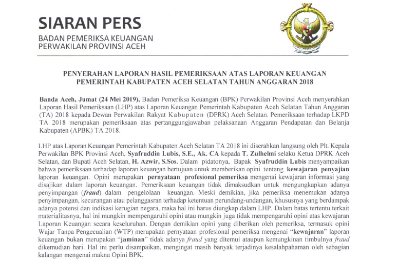 Opini Atas Lkpd Kab Aceh Selatan Ta 2018 Bpk Ri Perwakilan Provinsi Aceh